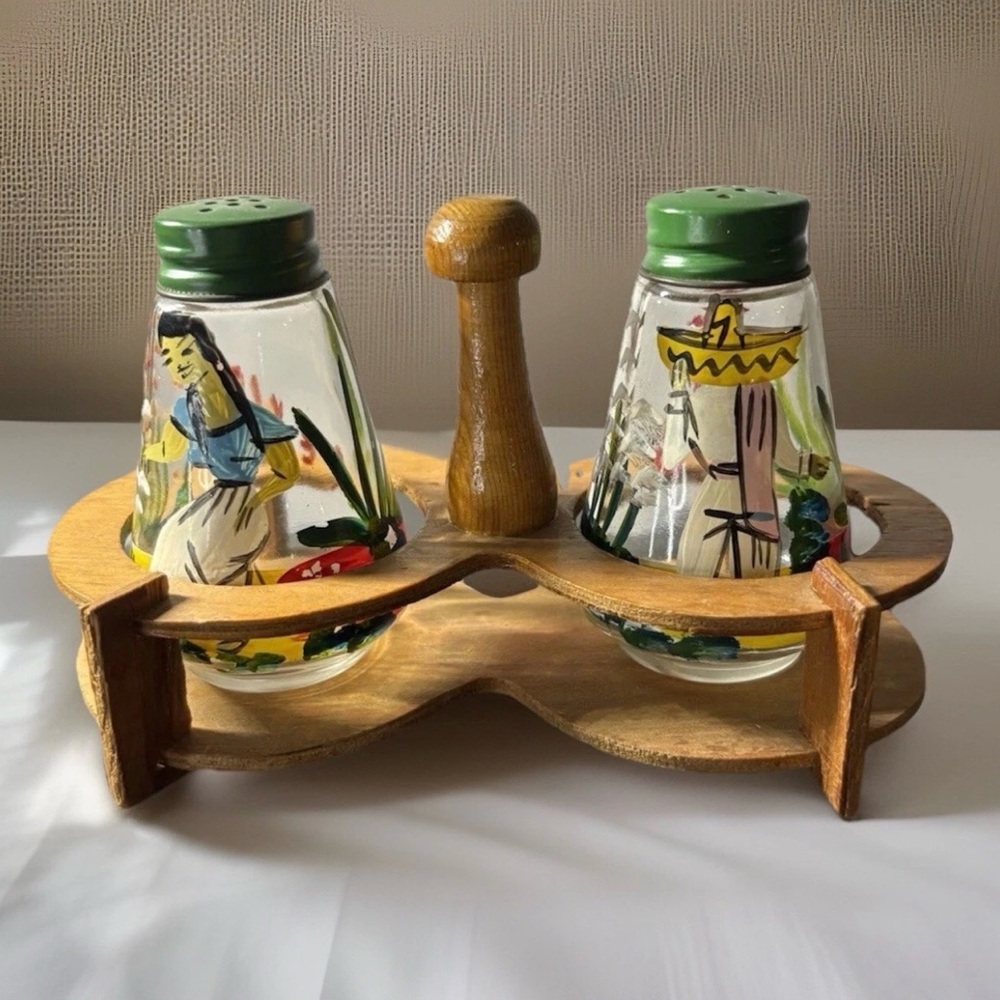 Vtg Hand Painted Glass Bottle Salt Pepper Shakers Wood Caddy Souvenir Mexico